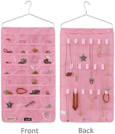 Just Life 30 pockets&amp; 17 hook-and-loop tabs Hanging Jewelry Hanging Earrings Necklace Bracelet Closet Storage Organizer Dual Sides Space-saving Household Accessory Holder Storage Bag (Pink)