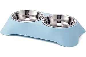 Angeer Double Dog Bowl, Stainless Steel Double Bowl, Anti-slip, Anti-spill And Removable (S, Blue)