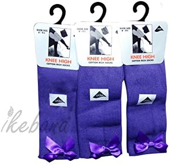 Bow Knee High School Girls &amp; Kids Plain Long Length Cotton Stretch With all size &amp; colour (Set of 6 pairs) (UK 9-12 (EU 27-30), Purple)