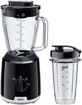 Braun PowerBlend 1 JB1051BK, Frullatore da Tavolo con Bicchiere Smoothie2Go, Frullatore con caraffa di Vetro Triangolare, 2 Velocità, Funzione Tritaghiaccio, 600W, Nero
