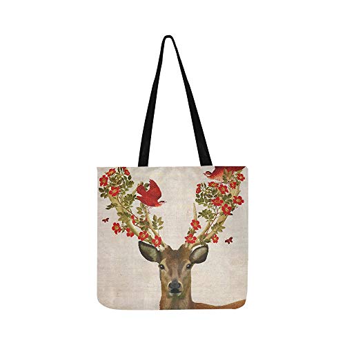Modern Painted Red Flowers and Butterfly On Elk He Canvas Tote Handbag Shoulder Bag Crossbody Bags Purses for Men and Women Shopping Tote