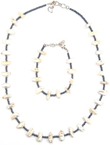 White Biwa Pearl with Hematite Coloured Seed bead Necklace and Bracelet Set