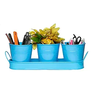 3 Metal Planter or Utensil pots Set with Tray Caddy for Indoor or Outdoor Use for Living Room Balcony or for Kitchen Utensils pots with Drain Holes (Light Blue Color)