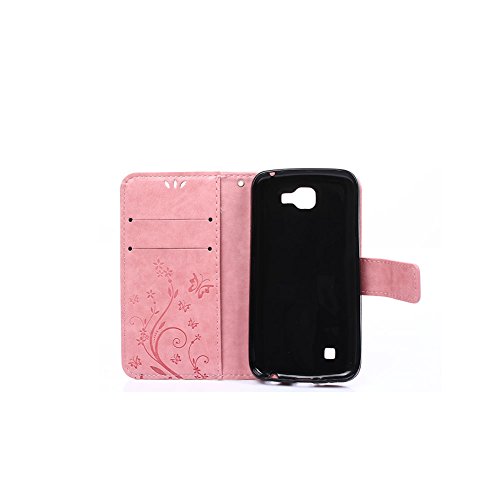 LG K4 Hülle Leder ,SKYXD Drucken Schmetterling Blumen Prägung Motiv PU Folio Ledertasche [ Standfunktion / Magnetverschluss / Kartenfächer] Einfarbig Handyhülle 3 in 1 Handytasche mit Eule Staubstecker + Eingabestift für LG K4 Schutzhülle – Pink - 2