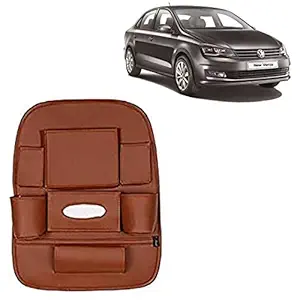 RD Universal PU Leather Car Auto Seat Back Organizer Multi Pocket Travel Storage Bag with Hangers, Tissue Paper and Bottle Holder-Tan Colour Compatible for Volkswagen Vento