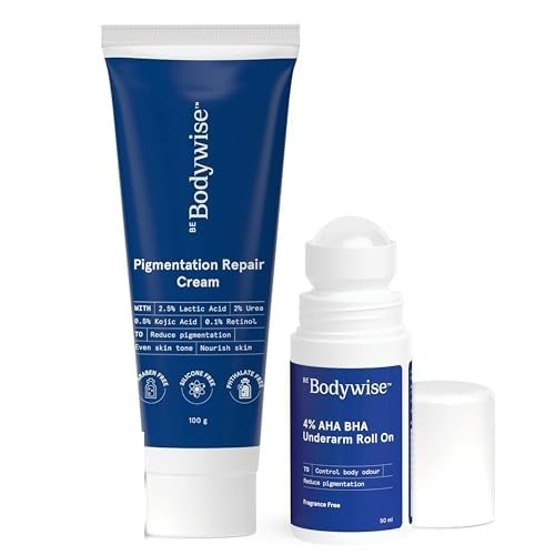 Be Bodywise Underarm Pigmentation Kit - No Fragrance | With 4% AHA BHA Underarm Roll-on (50ml) & Pigmentation Repair Cream (1
