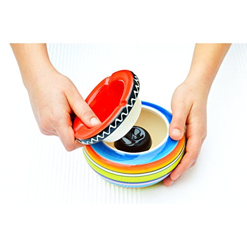 Aschenbecher aus Keramik – 4 Stück – bunt gestreift – mit rotem Deckel – neu - 6