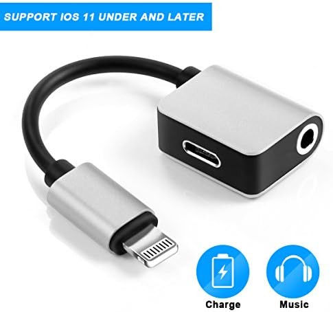 Audio Adapter for iPhoneX/8/7/7Plus, 2 in 1 Lightning to 3.5mm Audio Adapter Charge &amp; Audio Headphone Cable Converter Connector Compatible with IOS 11 or Above (No Phone calling function)