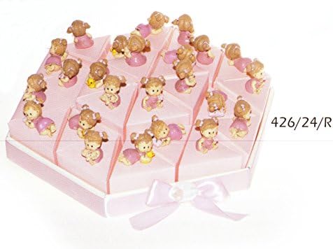 ANGIOLETTO Baby Cake Wedding Favours Pink 24 Slice of Cake with Girl with Games in Resin Full of white confetti Crispus Chocolate