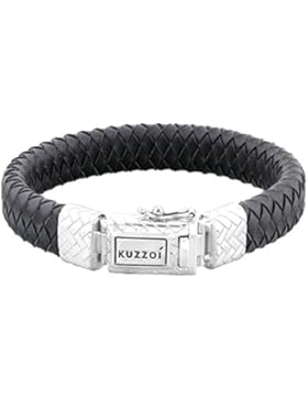 KUZZOI Herren Lederarmband / Herrenarmband in schwarz mit massivem Silber Verschluß aus 925 Sterling Silber -...