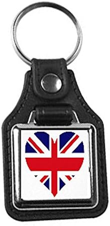 leather and silver plated metal keyring, square design ,country flag united kingdom heart, a range of novelty, funny, professional new keychain key ring
