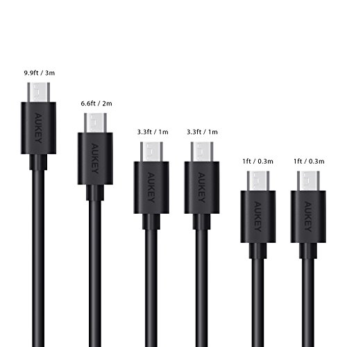 AUKEY Micro USB Kabel 6 Stk. 3m*1 + 2m*1 + 1m*2 + 0,3m*2 Ladekabel und Datenkabel für Android Smartphones wie Samsung/HTC/Huawei /Kindle Schwarz