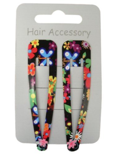 Pair of Bright Floral Print Black Hair Clips Snap Bendies Sleepies 6.5cm (2.6")