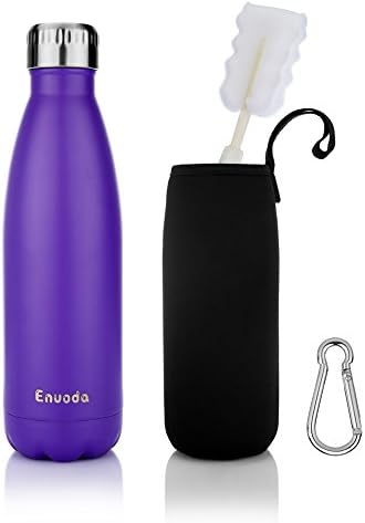 Vacuum Insulated Bottle ENUODA Double Walled Stainless Steel Water Bottle Keeps Drinks 24 Hours Cold & 12 Hot,Vacuum Flask with Brush,Carrier Bag and Carabiner Clip - BPA Free (Purple, 500ml/17oz)