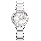 Mode Dame Quarz Armbanduhr Kristall Armreif, Blume Shell Frauen Uhren Gesicht Perle Keramik Uhrenarmband, Fold-Over Verschluss Strap, Freund Geschenk (Farbe : Silber)