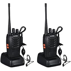 Walkie Talkie UHF 400-470MHz con Auriculares - BaoFeng 2 Vías de Radio 16 Canales - Linterna LED Recargable 5W - Trasmisor FM Alcance Hasta 5km - Negro, 2 Unidades