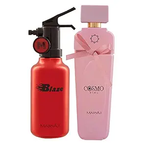 Maryaj Blaze Eau De Parfum Citrus Aromatic Perfume 100ml for Men and Maryaj Cosmo Girl Eau De Parfum Floral Powdery Perfume 100ml for Women+ 2 Parfum Testers FREE