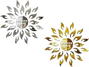Atulya Arts Combo Pack of 2 Sun Decorative Mirror Wall Stickers (1 Silver, 1 Golden) 3D Acrylic Sticker for Wall Bedroom Living Room Kids Home D?cor