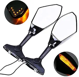 AllExtreme EXMIRR2 Universal Motorcycle Rearview Side Mirrors with LED Turn Signal Indicator Adjustable Bike Rear View Mirror for R15 & Other Full Flared Bikes (Amber Yellow)