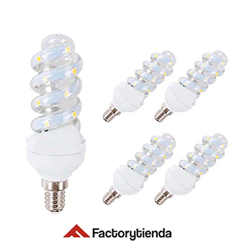 DiluxeLED - Pack x5 Bombilla led con Forma de Espiral de 11 watios(Equivalente a 110 watios),760Lumen Casquillo Delgado (E14) y luz Cálida 3000K
