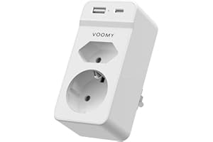 VOOMY Podwójna wtyczka do gniazdka, 4 w 1, wtyczka wielokrotna do gniazdka, adapter gniazdka, 2 gniazda z 1 USB-A i 1 USB-C, biały