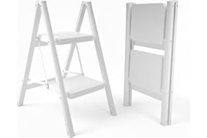 UZIRO Escalera Plegable 2 Peldaños, Escaleras Decorativa, Peldaños Anchos Antideslizantes, Ideal para Uso en Hogar, Cocina y Oficina, Fácil de Guardar y Transportar, Resistente (Blanco, 2 Peldaños)