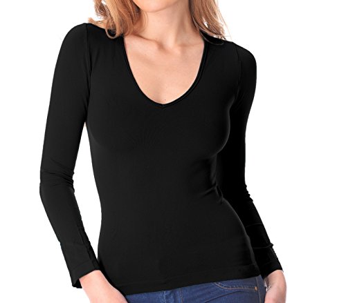 MEDIA WAVE store Maglia Termica VKA25 Interno Felpato Scollo a V da Donna Slim Fit (XL/XXL, Nero)