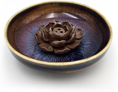 FOWOS Ceramic Handmade Artistic Incense Holder Burner Stick Coil Buddhist Water Lily Plate - Three Holes Transmutation Glaze (Three Hole Transmutation Glaze(purple)