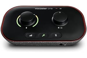 Focusrite Vocaster One Interfejs do podcastów do nagrywania jako twórca solowy Użyj funkcji Auto Gain, Enhance i Mute w celu łatwego tworzenia podcastów. Mały, lekki i zasilany przez komputer.