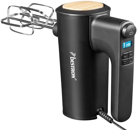 Bestron Potente mixer manuale con 6 livelli, funzione turbo e display LCD, agitatore con 2 fruste e 2 ganci per impastare, peso leggero di 1 kg, colore: nero/legno