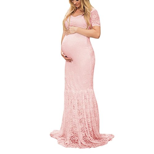 OHQ Dentelle Perspective Jupe SerréE ArrièRe Deux Femmes Enceintes Portant des Robes Grossesse Sexy Photographie Props Off éPaules Ou V-Cou Robe Longue Blanc Rose Chaude Bleu Beige (S, Rose)