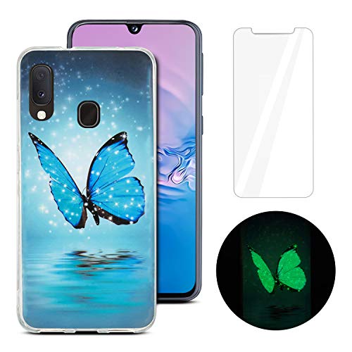 Funda Samsung A20e + Protector de Pantalla Vidrio Templado, CaseLover Suave Silicona Carcasa para Samsung Galaxy A20e Luminoso TPU Flexible Case Verde Fluorescente Brillo Nocturno Cover Caso, Mariposa