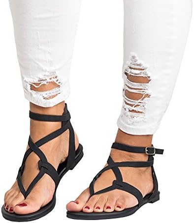 Shelers Womens Sandals Flat Ankle Buckle Gladiator Thong Flip Flop Casual Summer Shoes (36 EU-23cm(Foot Length)- UK 3, 4 Black)