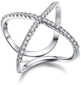 Waterlucy 18k White Gold Plated Pave CZ "X" Criss Cross Long Ring, Size S