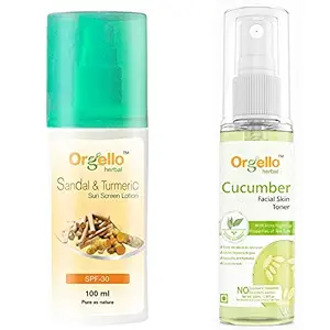 Orgello Herbal Sandal And Turmeric Sun Screen Lotion ( 100 ml ) + Cucumber Toner Mist Spray for Face (100 ml ) - Pack Of 2 - for men women girls boys normal oily dry skin sls paraben mineral oil free