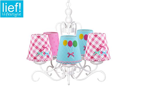 Kinder Kronleuchter / Lüster weiß, bunten Stoffschirmchen in verschiedenen Designs, Lief! 12031Set