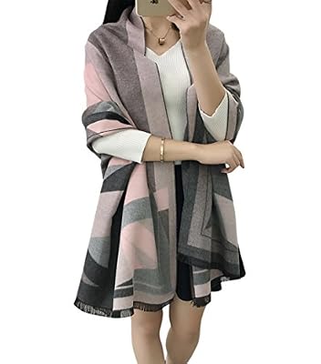 Aswinfon Winfon Écharpe Chale Femme Cachemire Chaud Automne Hiver Grand Plaid Longue Tissu Glands Foulard 190*65cm (gris et rose)
