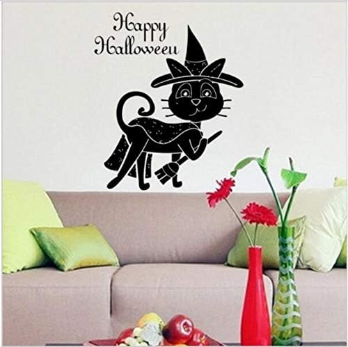 Namefeng Magic Black Cat Wall Sticker Hat Broom Cat Happy Halloween Wall Decals Halloween Decoration Pvc Wall Posters Vinyl Decals