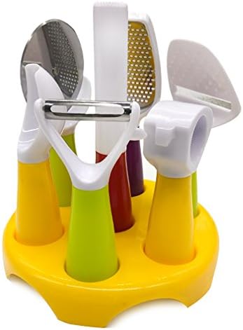 7 Pieces Utensil Kits Gear with Stand,BPA FREE Reusable Kitchen Tools Contain Cheese Slicers, Pizza Cutter Wheel,Y shape Peelers, Opener bottle, Vegetable slicer and chopper, fruit peeler for apple and pineapple, Ice cream spoon