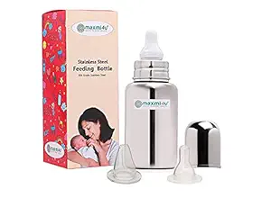 Maxmi4U 304 Grade Stainless Steel Feeding Bottle For Baby (Joint Less) (300 ml) With 2 Freebies (Nipple and Training Spout/Sipper)