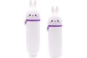 MPXEAVG 2 in 1 Weiche Silikontasche Kawaii Federmäppchen, Stiftetasche Buntstifte Marker, Stand Up Federmäppchen, Niedliche Schulbedarf Mädchen Junge (Kaninchen)
