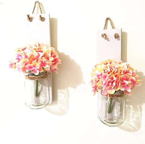 loveyourlife Set of Two Mason Jar Wall Sconces With Hydrangeas, Rustic Home Decor Rustic Wedding Gift, White Wood Wall Candle Holders, Haning Wall Sconce (With Pink Flower)