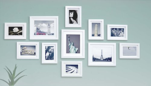 Bilderrahmen Set aus Echtholz mit Glasscheibe - 11er Set Fotorahmen Kollage - 135x70cm - Weiß - enthält Passepartout - Rahmenbreite 2cm!