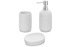 INBAGNO Accessori bagno da appoggio in set completo 3 pezzi, kit accessori appoggio con dispenser, portaspazzolini e porta saponetta, in ceramica, linea Cup