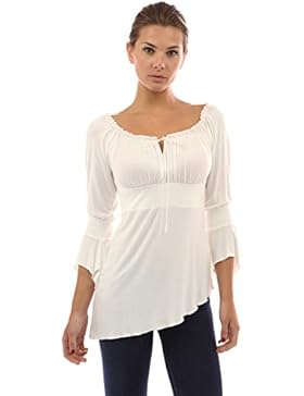 PattyBoutik Damen Rundhalsausschnitt Bluse mit Glocken 3/4 Ärmeln und besonderem assymetrichem Saum