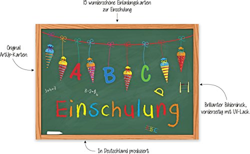 15 Einladungskarten Einschulung Schulanfang Schulbeginn 1. Schultag / Einladungen Zuckertüte Schultüte Schulkind ABC-Schütze Mädchen Jungen Kinder Schule Tafel Schuleinführung Schuleingang - 4