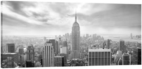 Canvas Picture New York Skyline in Black and White - Panorama stretched and mounted around a 38 x 18 inch (96cm x 46cm) wooden frame by Pixel Zone