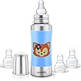 Speedex Stainless Steel Baby Feeding Bottle with Internal ML Marking, Foxy Printed Silicon Grip (240 ml, Blue Color, Silver Metal Mirror Finished) (3 Extra Nipple Free)