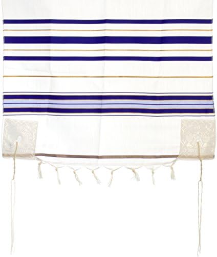 Acrylic Tallit Prayer Shawl with Tzitzit, Blue and Gold Stripes, 160 x 50 centimetres