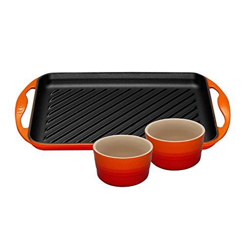 Le Creuset Cast Iron Rectangular Grill and Set of 2 Ramekins - Volcanic